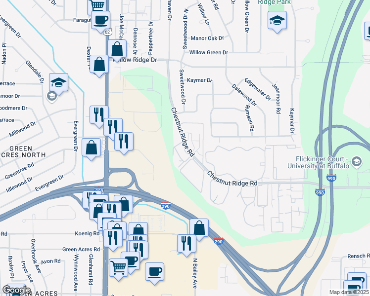 map of restaurants, bars, coffee shops, grocery stores, and more near 58 Chestnut Ridge Lane in Amherst