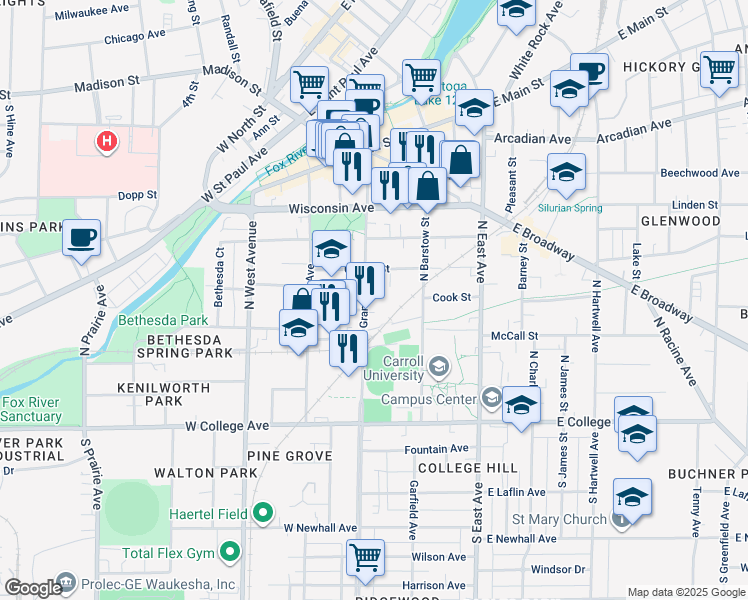 map of restaurants, bars, coffee shops, grocery stores, and more near 407 North Grand Avenue in Waukesha