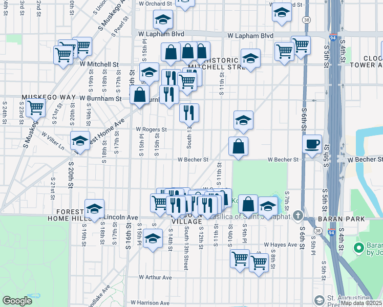 map of restaurants, bars, coffee shops, grocery stores, and more near 2064 South 13th Street in Milwaukee