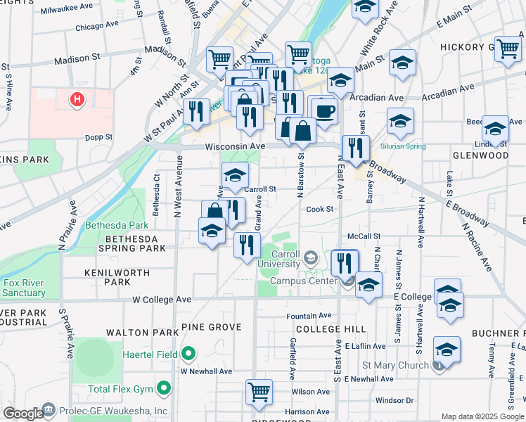 map of restaurants, bars, coffee shops, grocery stores, and more near 407 North Grand Avenue in Waukesha