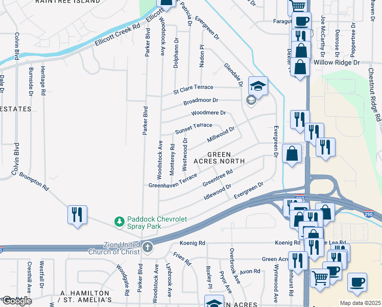 map of restaurants, bars, coffee shops, grocery stores, and more near 45 Westwood Drive in Tonawanda