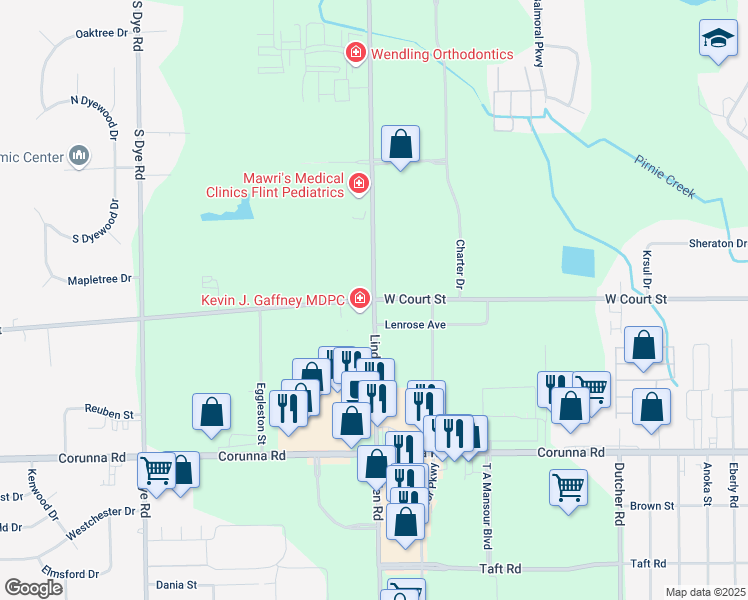 map of restaurants, bars, coffee shops, grocery stores, and more near W Court St & Linden Rd in Flint