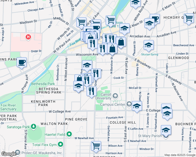map of restaurants, bars, coffee shops, grocery stores, and more near 325 North Grand Avenue in Waukesha