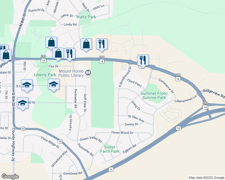 map of restaurants, bars, coffee shops, grocery stores, and more near 2755 Norsk Golf Bowl Road in Mount Horeb