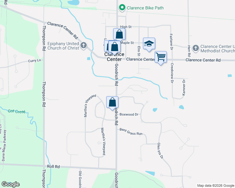 map of restaurants, bars, coffee shops, grocery stores, and more near 5861 Goodrich Road in Clarence Center