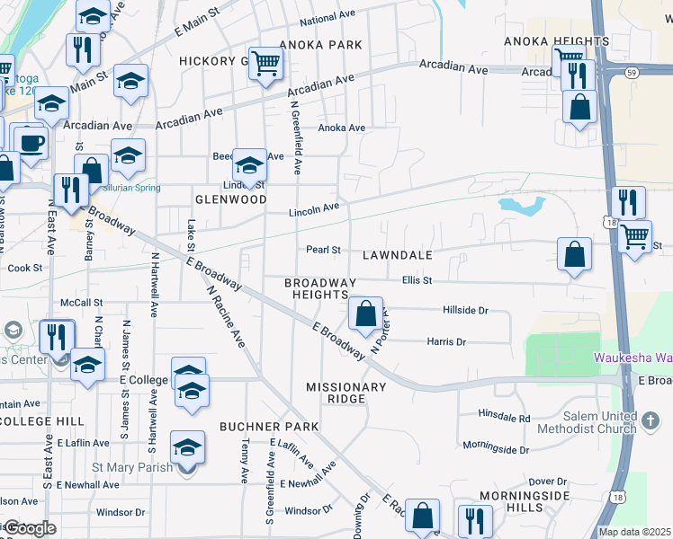 map of restaurants, bars, coffee shops, grocery stores, and more near 1105 Ellis Street in Waukesha