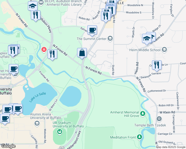 map of restaurants, bars, coffee shops, grocery stores, and more near 2210 North Forest Road in Buffalo