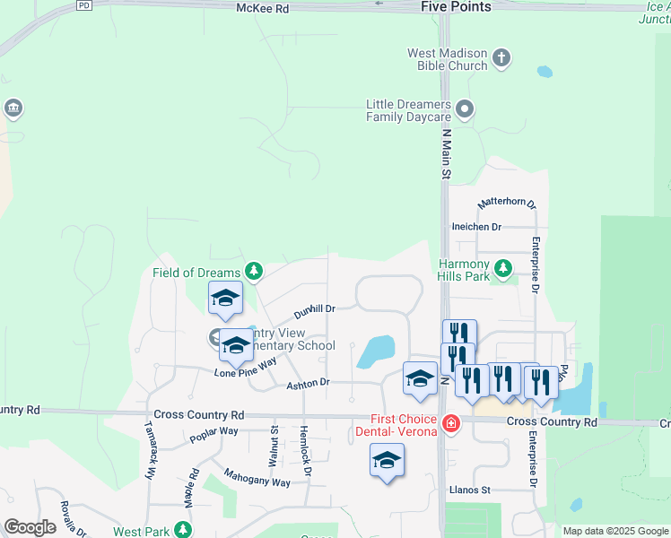 map of restaurants, bars, coffee shops, grocery stores, and more near 434 Shandy Street in Verona