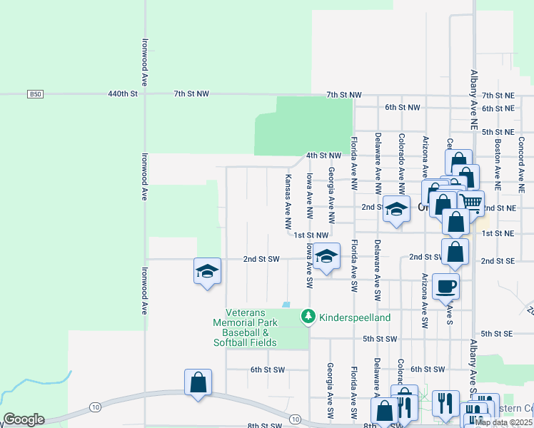map of restaurants, bars, coffee shops, grocery stores, and more near 101 Kentucky Avenue Northwest in Orange City