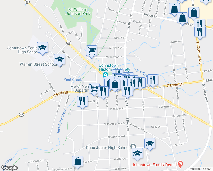 map of restaurants, bars, coffee shops, grocery stores, and more near 3 Church Street in Johnstown