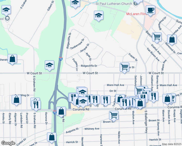 map of restaurants, bars, coffee shops, grocery stores, and more near West Court Street & Ryan Street in Flint