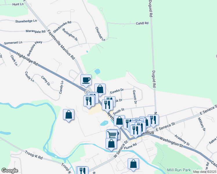 map of restaurants, bars, coffee shops, grocery stores, and more near 119 Park Drive in Manlius