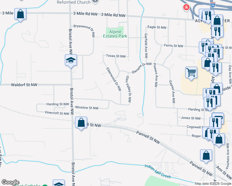 map of restaurants, bars, coffee shops, grocery stores, and more near 1375 Harding Street Northwest in Grand Rapids