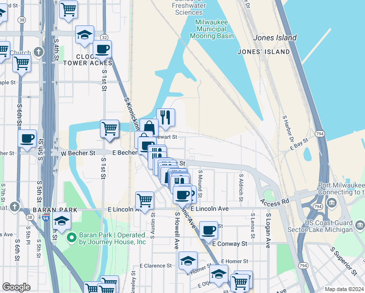 map of restaurants, bars, coffee shops, grocery stores, and more near 2059 South Allis Street in Milwaukee