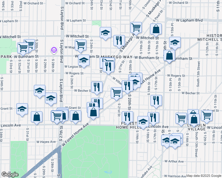map of restaurants, bars, coffee shops, grocery stores, and more near 2125 West Becher Street in Milwaukee