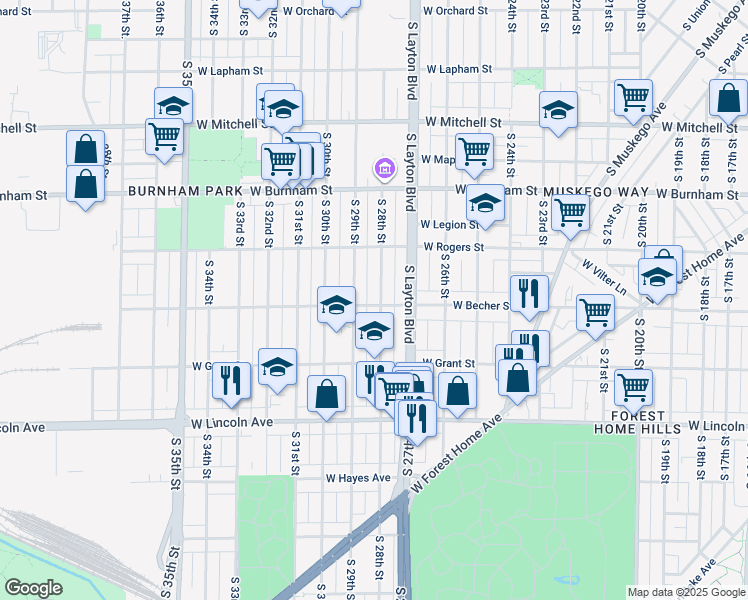 map of restaurants, bars, coffee shops, grocery stores, and more near 2105 South 28th Street in Milwaukee