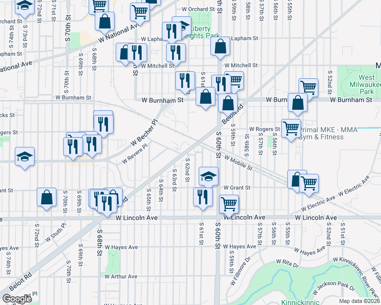 map of restaurants, bars, coffee shops, grocery stores, and more near 2061 South 62nd Street in West Allis