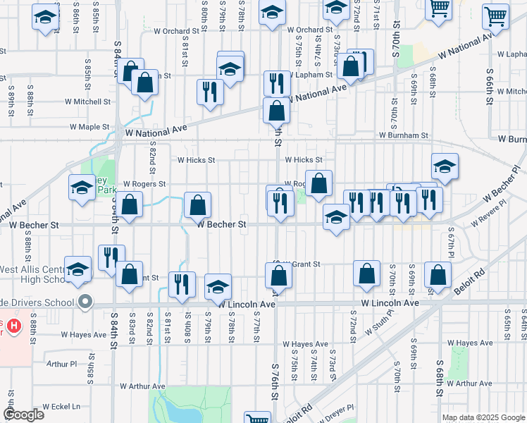 map of restaurants, bars, coffee shops, grocery stores, and more near 2076 South 77th Street in West Allis