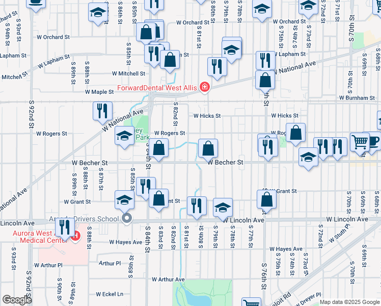 map of restaurants, bars, coffee shops, grocery stores, and more near 2077 South 81st Street in West Allis