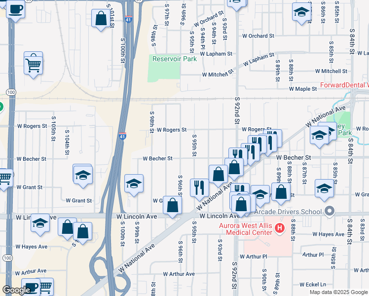 map of restaurants, bars, coffee shops, grocery stores, and more near 2068 South 96th Street in West Allis