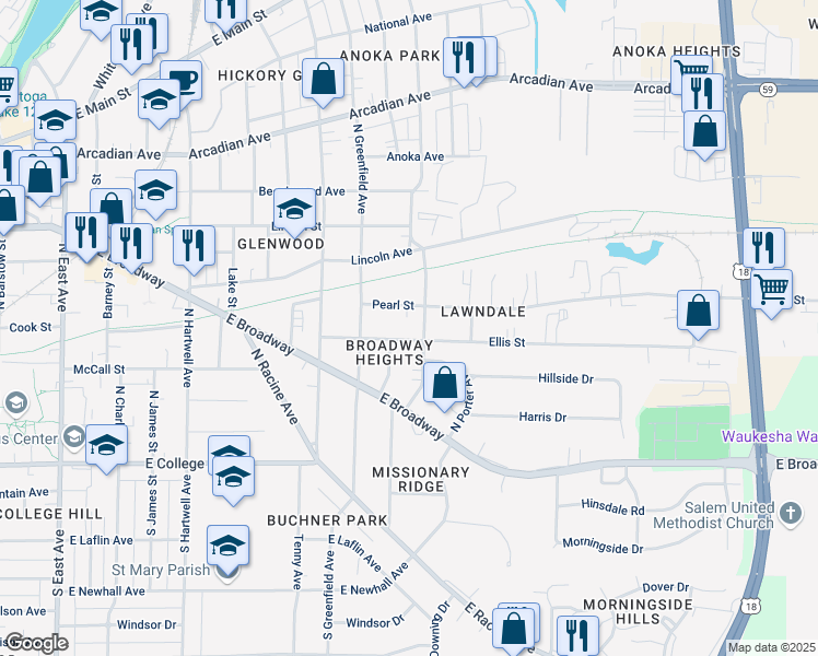 map of restaurants, bars, coffee shops, grocery stores, and more near 1105 Ellis Street in Waukesha