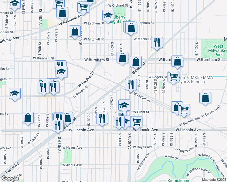 map of restaurants, bars, coffee shops, grocery stores, and more near 2061 South 62nd Street in West Allis