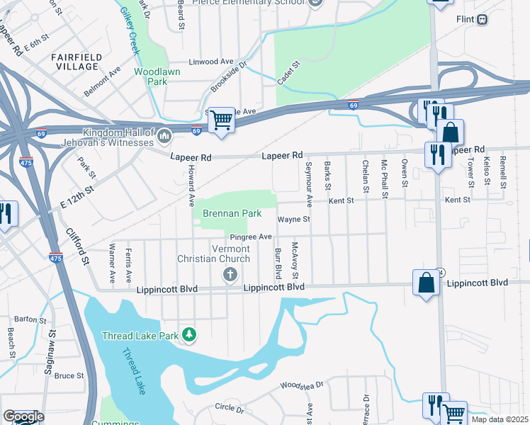 map of restaurants, bars, coffee shops, grocery stores, and more near 1950 Burr Boulevard in Flint