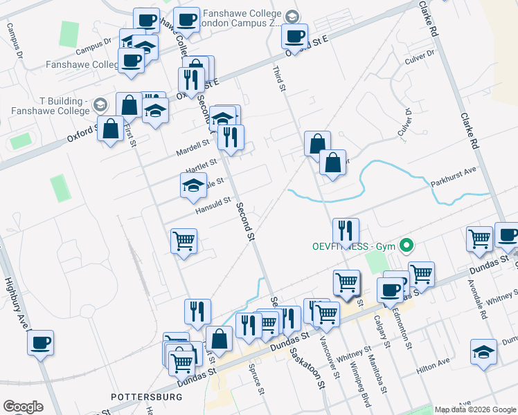 map of restaurants, bars, coffee shops, grocery stores, and more near 470 Second Street in London
