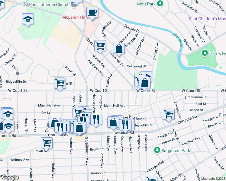 map of restaurants, bars, coffee shops, grocery stores, and more near 3202 West Court Street in Flint