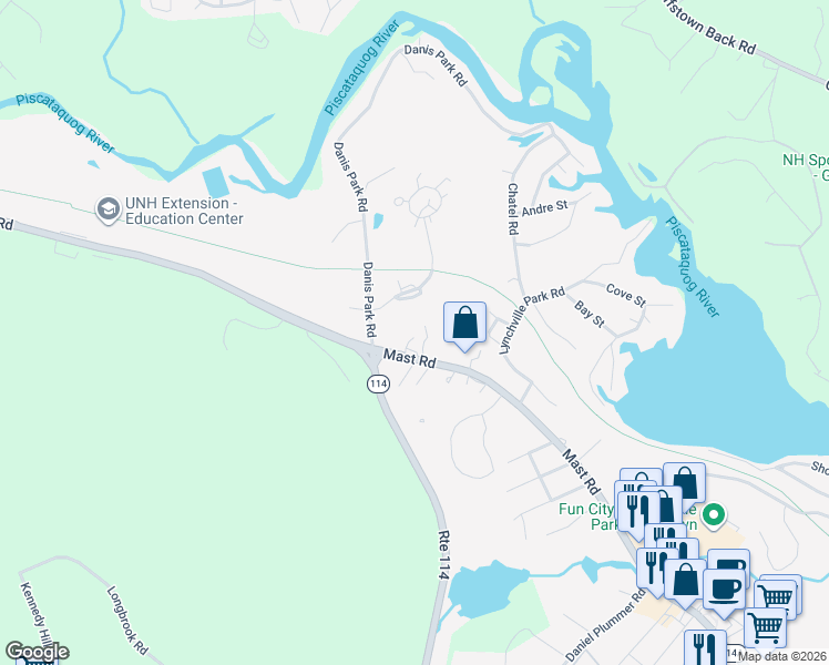 map of restaurants, bars, coffee shops, grocery stores, and more near 443 Mast Road in Goffstown
