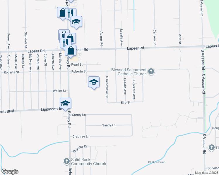 map of restaurants, bars, coffee shops, grocery stores, and more near 1461 South Genevieve Street in Burton