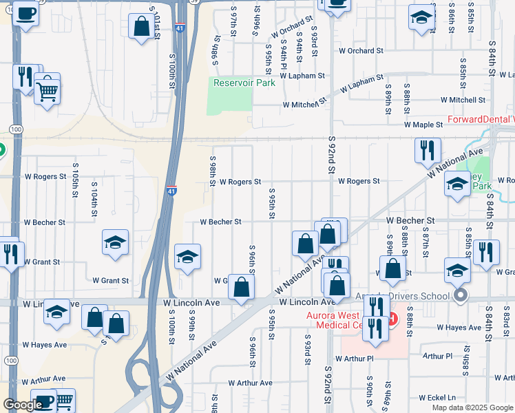 map of restaurants, bars, coffee shops, grocery stores, and more near 2068 South 96th Street in West Allis