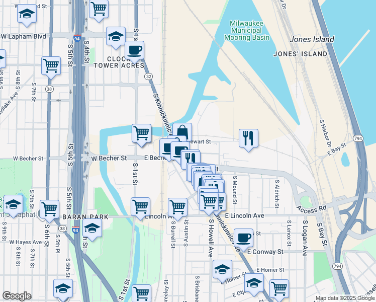 map of restaurants, bars, coffee shops, grocery stores, and more near 2046 South Hilbert Street in Milwaukee