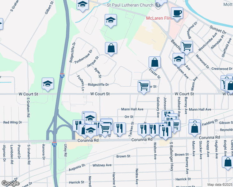 map of restaurants, bars, coffee shops, grocery stores, and more near 3202 West Court Street in Flint