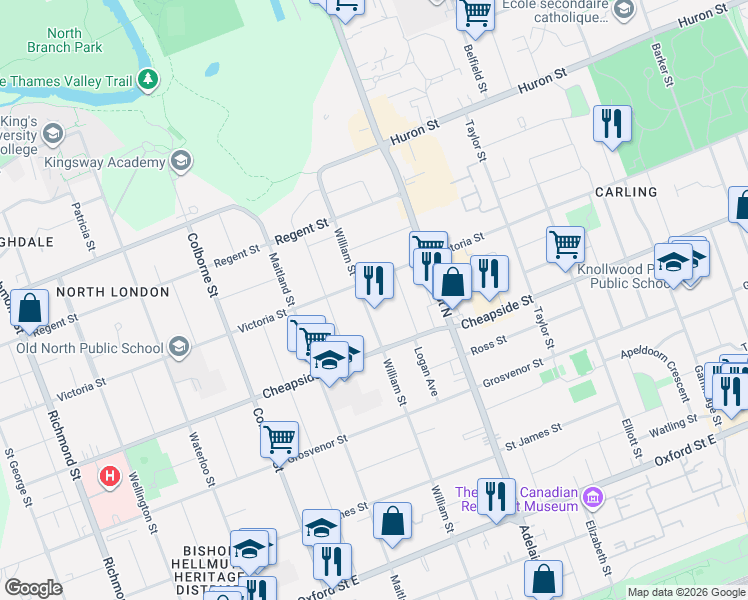 map of restaurants, bars, coffee shops, grocery stores, and more near 1036 William Street in London