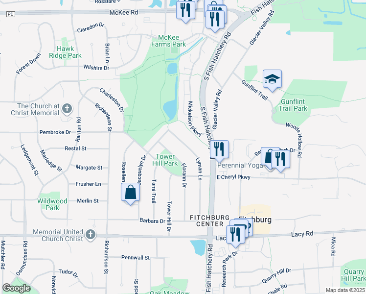 map of restaurants, bars, coffee shops, grocery stores, and more near 2799 Lyman Lane in Fitchburg