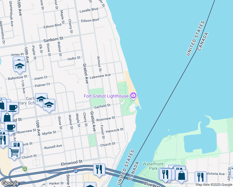 map of restaurants, bars, coffee shops, grocery stores, and more near 2820 Wright Street in Port Huron