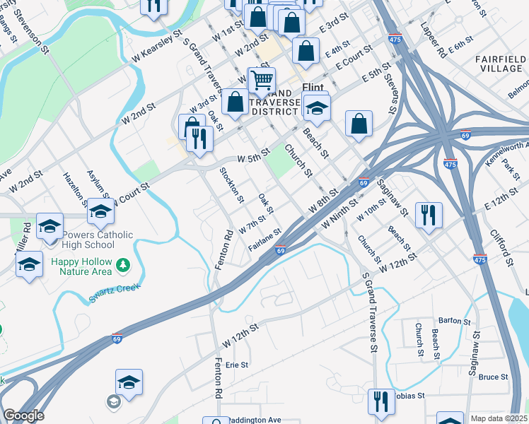 map of restaurants, bars, coffee shops, grocery stores, and more near 521 West 7th Street in Flint