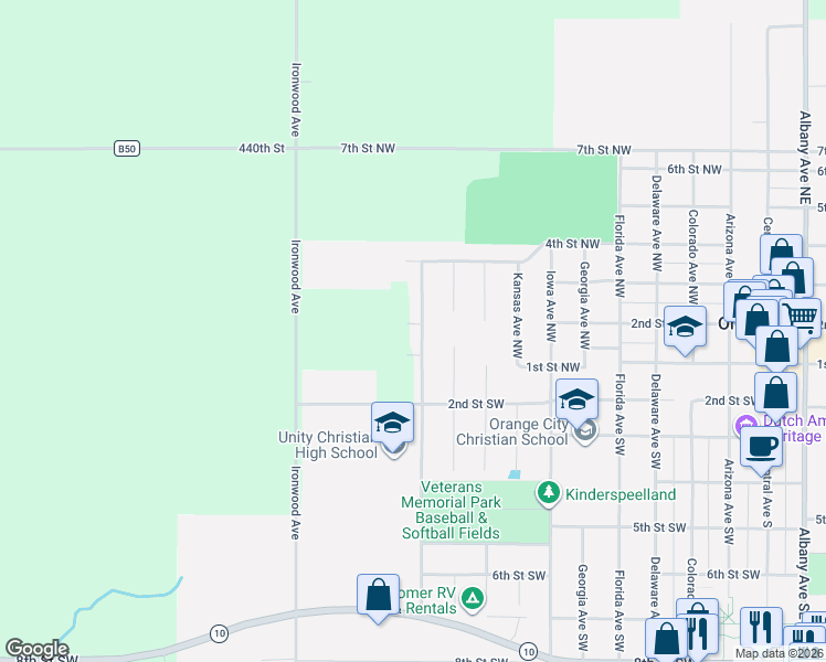 map of restaurants, bars, coffee shops, grocery stores, and more near West 1st Street in Orange City