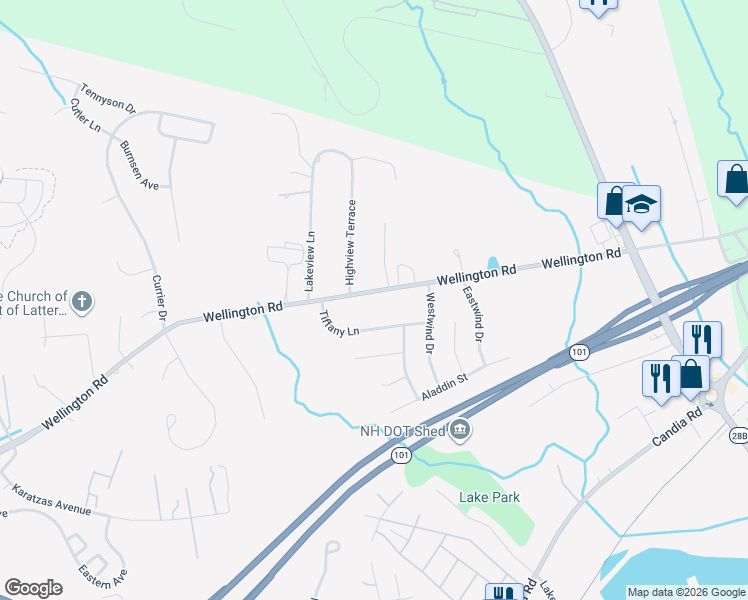 map of restaurants, bars, coffee shops, grocery stores, and more near 107 Tiffany Lane in Manchester