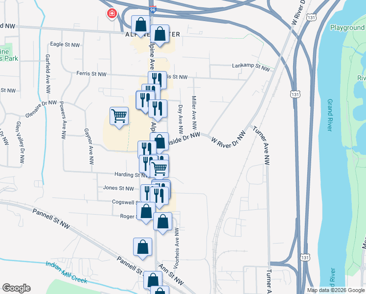 map of restaurants, bars, coffee shops, grocery stores, and more near 2396 Hillside Drive Northwest in Grand Rapids