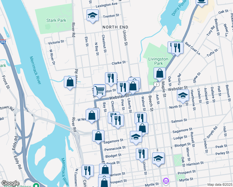 map of restaurants, bars, coffee shops, grocery stores, and more near 50 Webster Street in Manchester