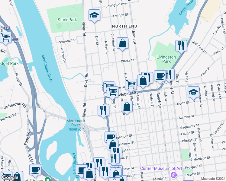 map of restaurants, bars, coffee shops, grocery stores, and more near 20 Webster Street in Manchester