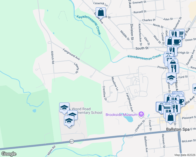 map of restaurants, bars, coffee shops, grocery stores, and more near 45 Crestline Drive in Ballston Spa