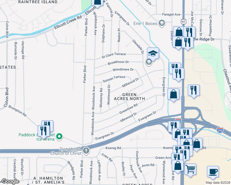 map of restaurants, bars, coffee shops, grocery stores, and more near 312 Woodmere Drive in Tonawanda