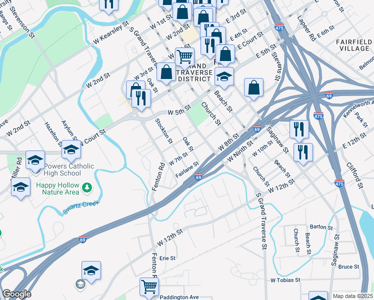 map of restaurants, bars, coffee shops, grocery stores, and more near 521 West 7th Street in Flint