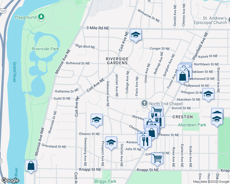 map of restaurants, bars, coffee shops, grocery stores, and more near 419 Comstock Boulevard Northeast in Grand Rapids