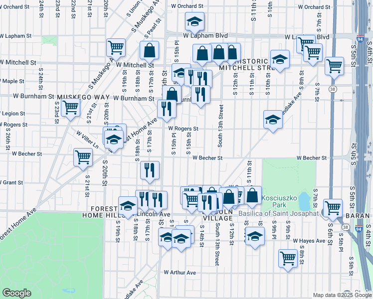 map of restaurants, bars, coffee shops, grocery stores, and more near 2101-2103 South 15th Street in Milwaukee