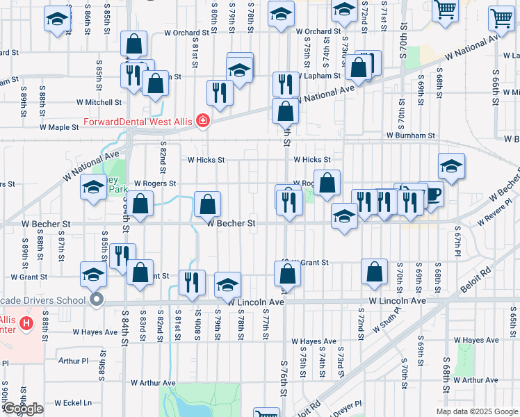 map of restaurants, bars, coffee shops, grocery stores, and more near in West Allis