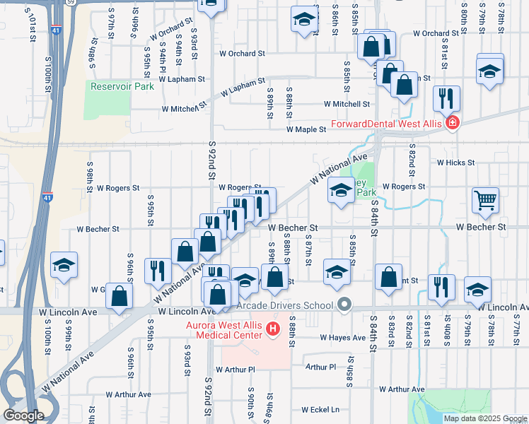 map of restaurants, bars, coffee shops, grocery stores, and more near in West Allis